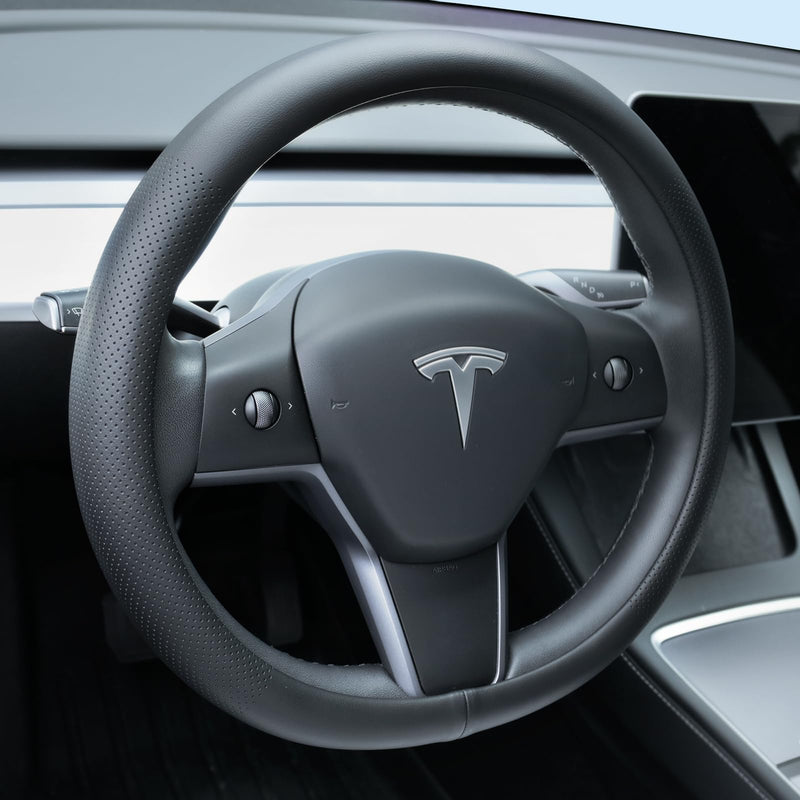 Nappa Leather Steering Wheel Cover for Tesla Model 3/Y 2016-2025 2026 Juniper/Highland, Non-Slip Breathable Tesla Model 3/Y Steering Wheel Protector, Black