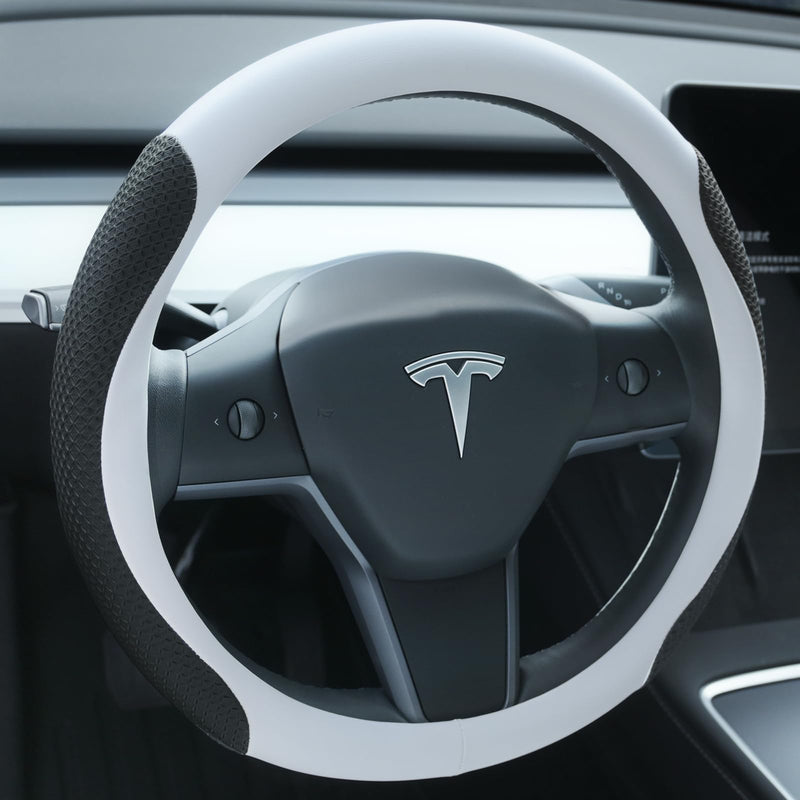  [AUSTRALIA] - Premium Leather Steering Wheel Cover for Tesla Model 3/Y 2016-2025 2026 Juniper/Highland, Non-Slip Breathable Tesla Model 3/Y Steering Wheel Protector, White