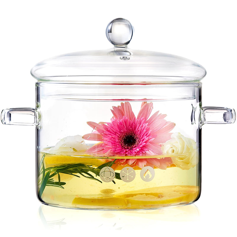 67 oz Glass Simmer Pot with Lid - Stovetop Safe Cookware for Cooking | 1900ml, Heat-Resistant Borosilicate Glass, Stovetop Safe for Cooking, For Potpourri, Soup, Pasta, Baby Food, Dual Handles
