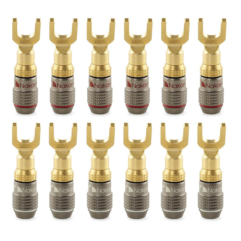 Nakamichi FanLock Excel Series 24k Gold Plated Spade Connector Banana Plug 10 AWG - 18 AWG Gauge Size 4mm for Speakers Amplifier Hi-Fi Home Theatre Wire Cable Quick Connector, 12 Pcs (6-Pairs) 12 Pcs (6-Pairs)