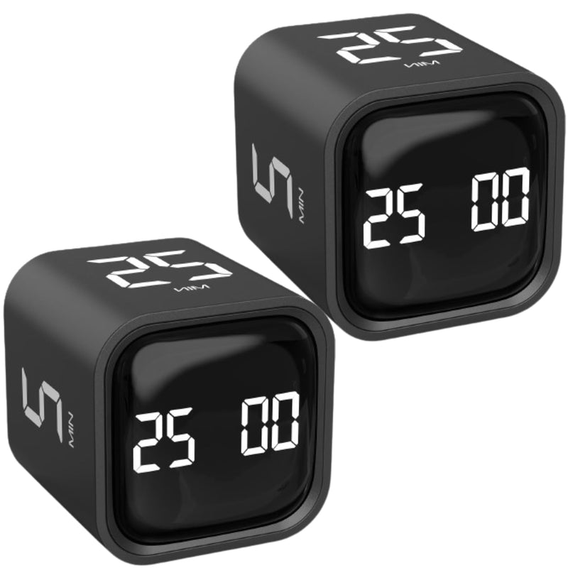 Rotating Pomodoro Timer 5, 25, 10 50 Minutes Preset, Desk Productivity Timer w/Gra vity Sensor, ADHD Tool Cube Countdown, Custom Modes, for Work, Study, Back to School, Kitchen, Black, 2 Pack 2 Pack Black