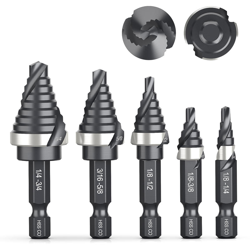 THINKWORK M35 Cobalt Spiral Flute Step Drill Bit Set, 5 Pcs Single Size HSS Step Bits (1/8"-3/4"), Small Size EDC Unibit with 1/4" Shank Step Bits for Metal, Aluminum, Steel, Wood Plastic (1/8"-3/4")5Pcs