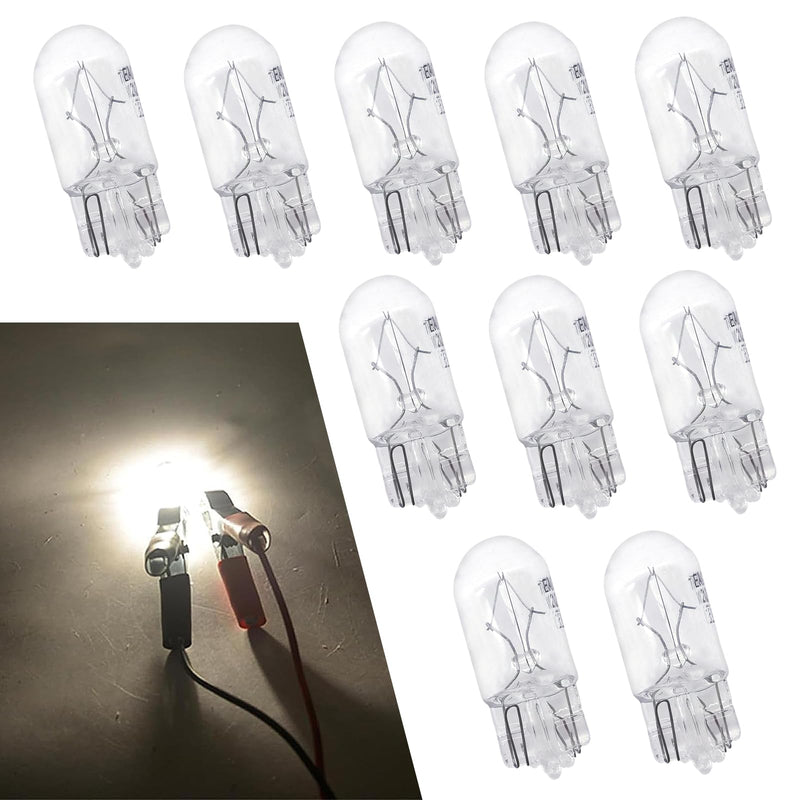 10 PCS Car T10 Halogen Width Light Bulb, 168 192 12V 5W Flat Foot High Temperature Resistant Quartz Glass Non-glare Instrument Indicator Light, 360 Degree No Blind Spot Light (White)