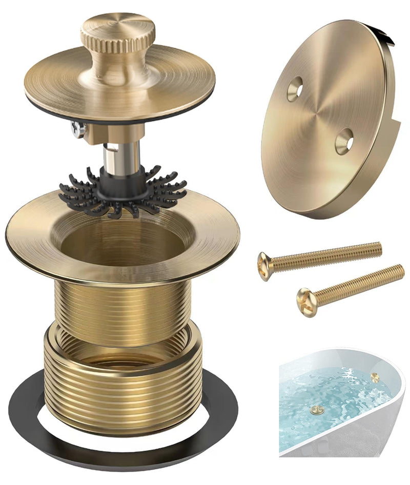 Champagne Brushed Gold Bronze Bathtub Drain, Hair Catcher and 2-Hole Overflow Faceplate, 11.5/16 UNC, Lift and Turn Bathtub Drain Replacement, Tub Drain Stopper Champagne Brushed Gold Bronze