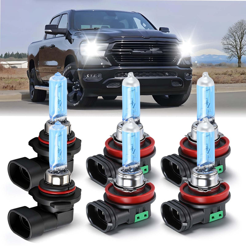 SHENKENUO Fit For DODGE RAM 1500 2500 3500 (2019-2024) 9005+H11 High/Low Beam Ultra - High Performance Halogen Headlight Bulbs Combo & H11 Fog Bulbs,Plug-n-Play,Pack of 6 (2019-2024)