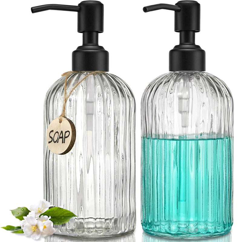 JASAI 2PACK 18Oz Simple Glass Soap Dispensers with Black Pump, Refillable Kitchen soap Dispenser with Vertical Stripe, Bathroom Soap Dispenser for Bathroom Hand soap, Dish Soap, Lotion. Clear-black Pump-2p 2 Pack