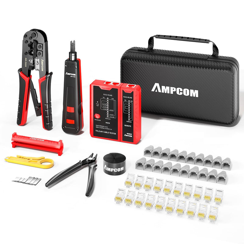 AMPCOM Ethernet Crimping Tool Kit 10-in-1 RJ45/RJ11 Network Tool Kit with RJ45 Tester for Cat6/Cat5e/Cat5 RJ45 Connectors, Includes 110 Punch Down Tool & Wire Stripper, Portable Waterproof Bag 568R All in 1