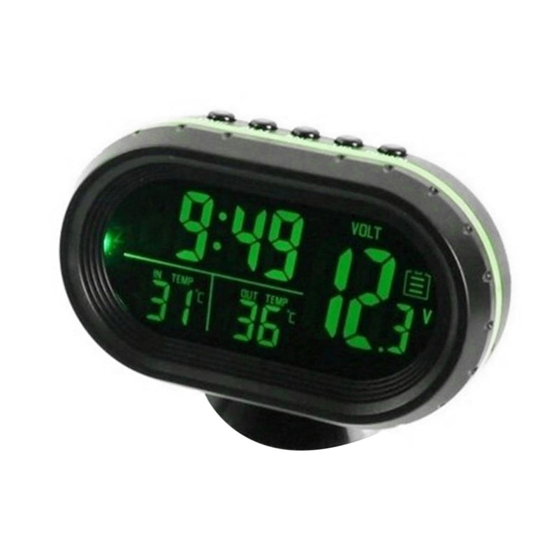 HXBER Car Dual Temperature Gauge Voltmeter, Car Thermometer Digital Clock DC 12V Automobile Clock LED Lighted Auto Dual Temperature Gauge Voltmeter Voltage Tester Green