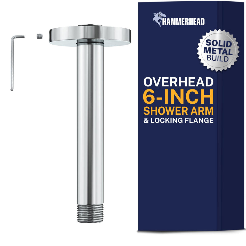 HammerHead Showers Solid Metal 6 Inch Ceiling Mount Shower Arm and Flange with Set Screw, Straight Shower Arm for Rain Shower Head, Ceiling-Mounted Rain Shower Arm, Chrome