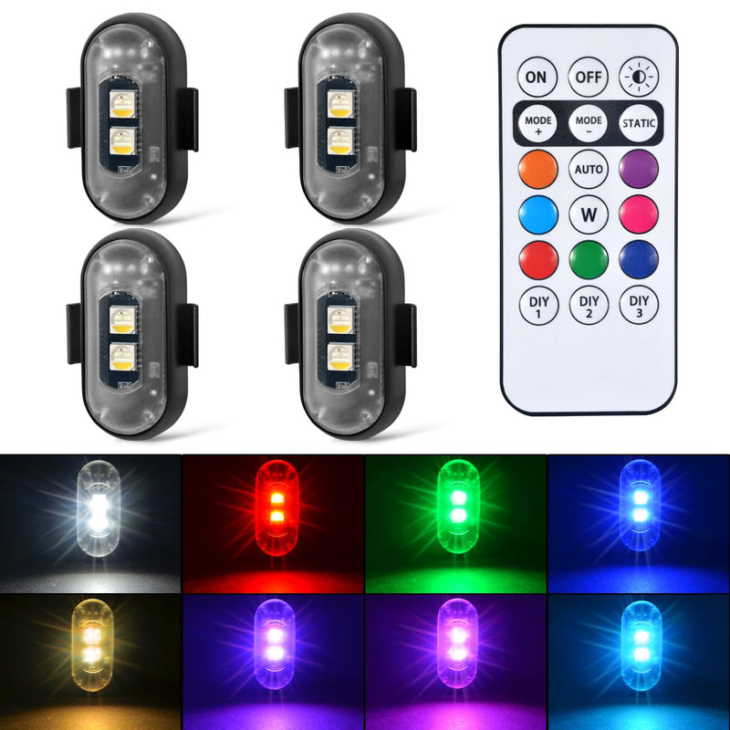 4PCS Wireless LED Strobe Lights with Remote Control, 8 Colors Rechargeable Led Lights Anti-Collision LED Emergency Warning Lights for Car Motorcycle Bike Drone Aircraft 4pcs