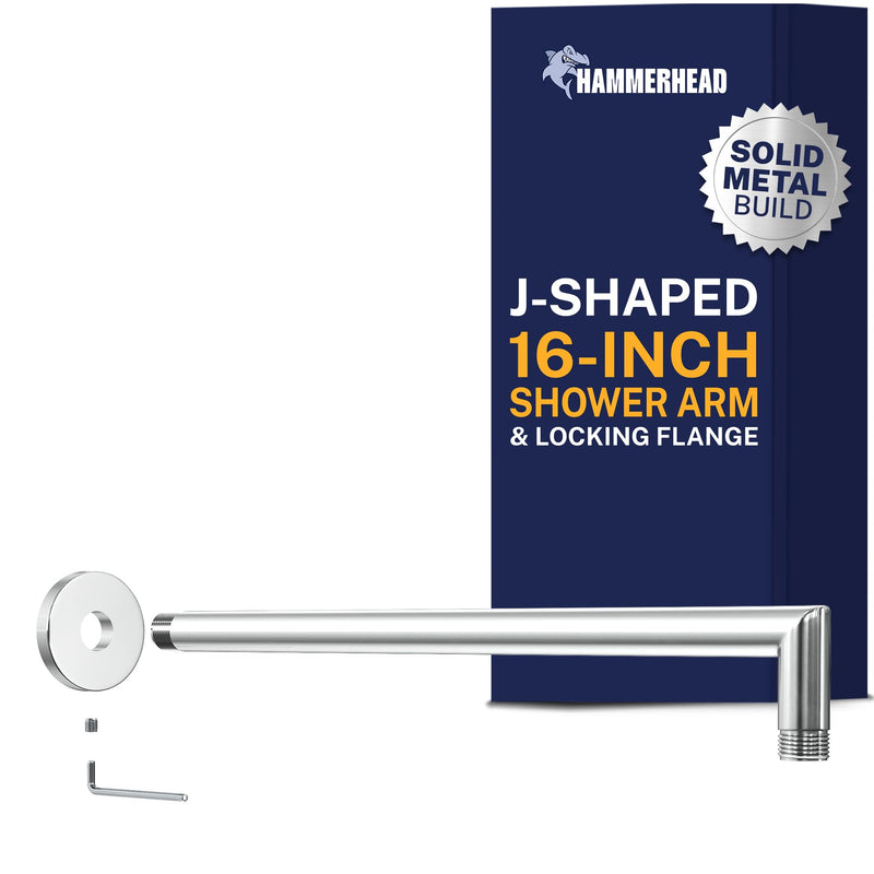 HammerHead Showers® Solid Metal 16 Inch Extended Shower Arm and Flange with Set Screw, Long Shower Arm, Extends Rain Shower Overhead, Wall-Mounted Rain Shower Arm, Chrome