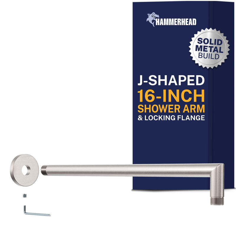 HammerHead Showers® Solid Metal 16 Inch Extended Shower Arm and Flange with Set Screw, Long Shower Arm, Extends Rain Shower Overhead, Wall-Mounted Rain Shower Arm, Brushed Nickel