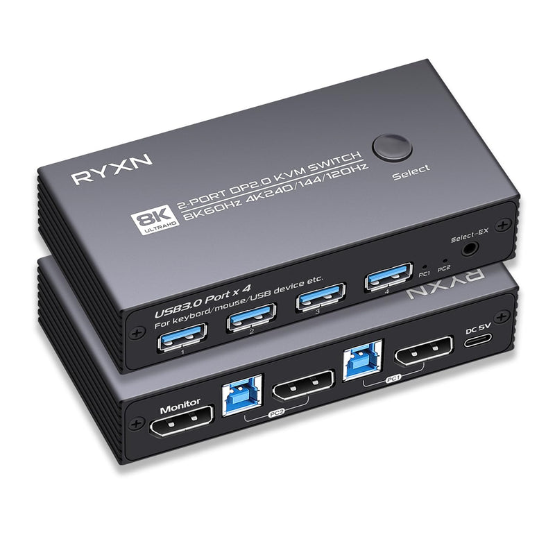 8K DP KVM Switch for 1 Monitor 2 Computers, DisplayPort 2.0 Share USB 3.0 Devices With 4 USB Hub, Support 8K@60Hz, 4K@240Hz/175Hz/144Hz, Extension Control Switch and 2 Cables 8K 60Hz DP KVM