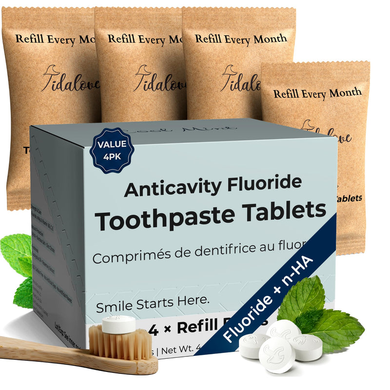 Fluoride Toothpaste Tablets with nHAp, Zero-Waste Paper Refill, Cool Mint, 248 Tablets (4-Month Supply) | Anticavity fluoride + nHAp for strong enamel & cavity defense. Vegan, zero-waste paper refill. 4-month value, TSA-friendly.