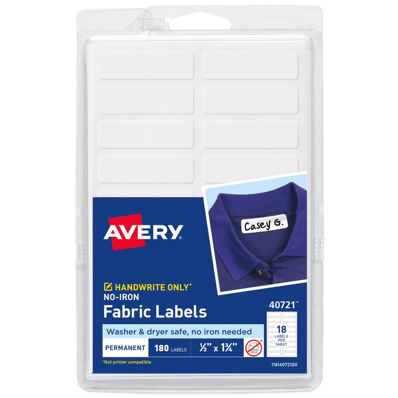 Avery No-Iron Fabric Labels, 1/2" x 1-3/4", Washer and Dryer-Safe Waterproof Labels, Non-Printable, 180 Total (40721) 1/2" x 1-3/4"