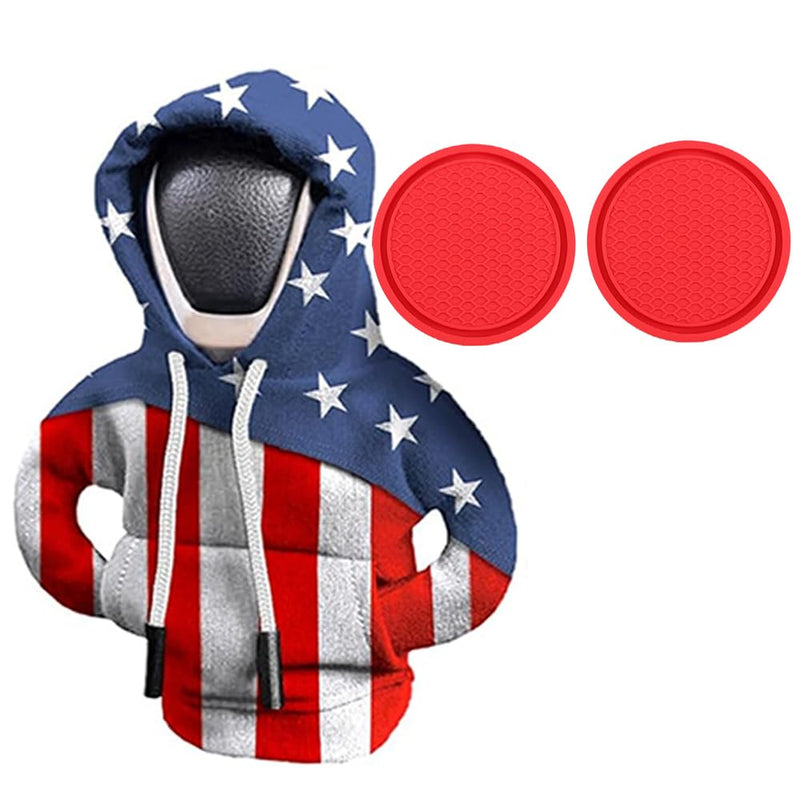 Car Gear Shift Hoodie, Gear Shift Cover Car Cup Coaster Set, Universal Car Shift Knob Hoodie, Mini Hoodie Automotive Interior Cute Gadgets Accessories (US Flag Gear Shift Cover+Red Coaster) Us Flag Gear Shift Cover+red Coaster