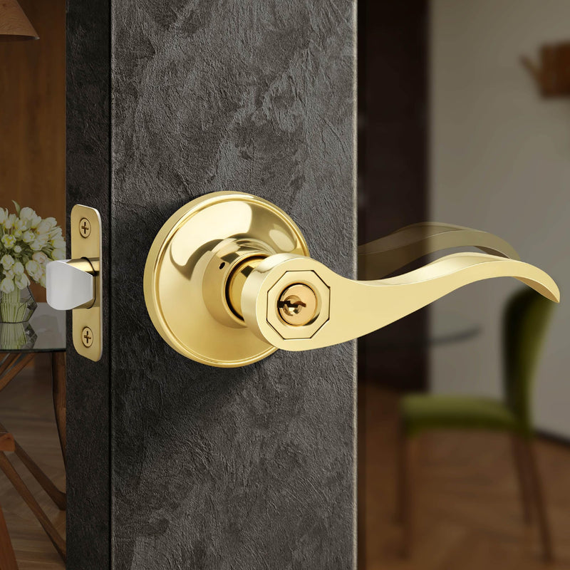 Moquin Wave Style Gold Door Handle with Lock and Key, Keyed Entry Brushed Gold Door Handles for Bedroom or Front Door, Polished Brass 1 Pack Keyed Entry-Lock & Key