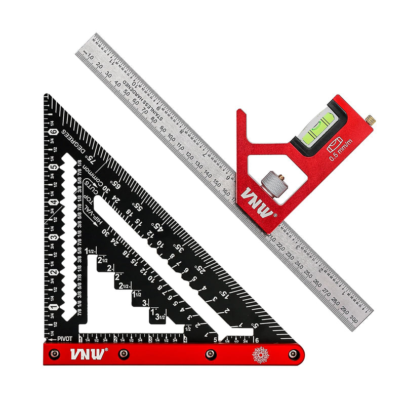VNW 7inch Rafter Square and 12inch Combination Square Set -CNC-Machined Aluminum Alloy,Heavy Duty Carpenter Square for Woodworking and Home DIY