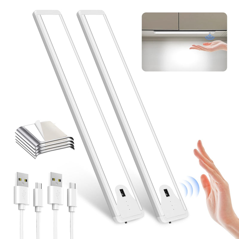 Pak 16 Inch Under Cabinet Lights, Hand Wave Sensor 83 LED Indoor Cabinet Lighting, USB Rechargeable Wireless Closet Light, Stepless Dimming Under Counter Light for Kitchen, Shelves, Bedroom, 2 Pack Cool White-Hand Swipe(2 Pack)