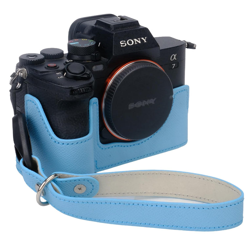 Bowan for Sony A7 Mark IV Camera Case,Handmade Genuine Real Leather Half Camera Case Bag Cover for A7IV A7M IV A7M4 A7 Mark IV A7RV A7R5 Camera Bottom Opening Version + Hand Strap (Blue) Blue