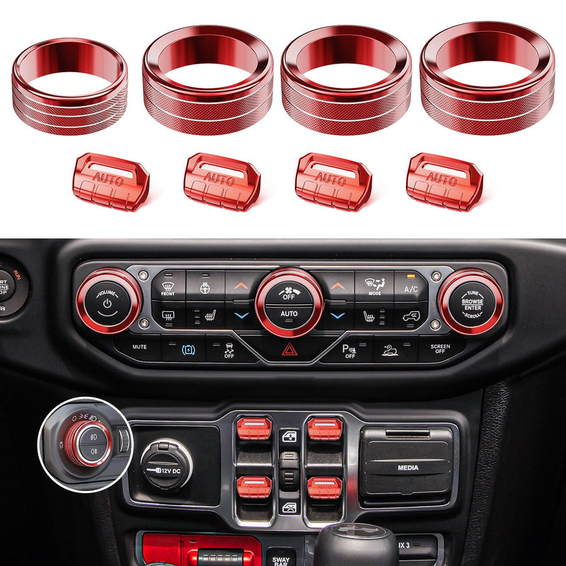 8PCS Metal Button Knob Cover for Jeep Wrangler JL JLU 2018-2025 & Gladiator JT Accessories Window Switch Button Cover Volume Radio Air Conditioner Headlight Switch Knob Cover (Red) Red