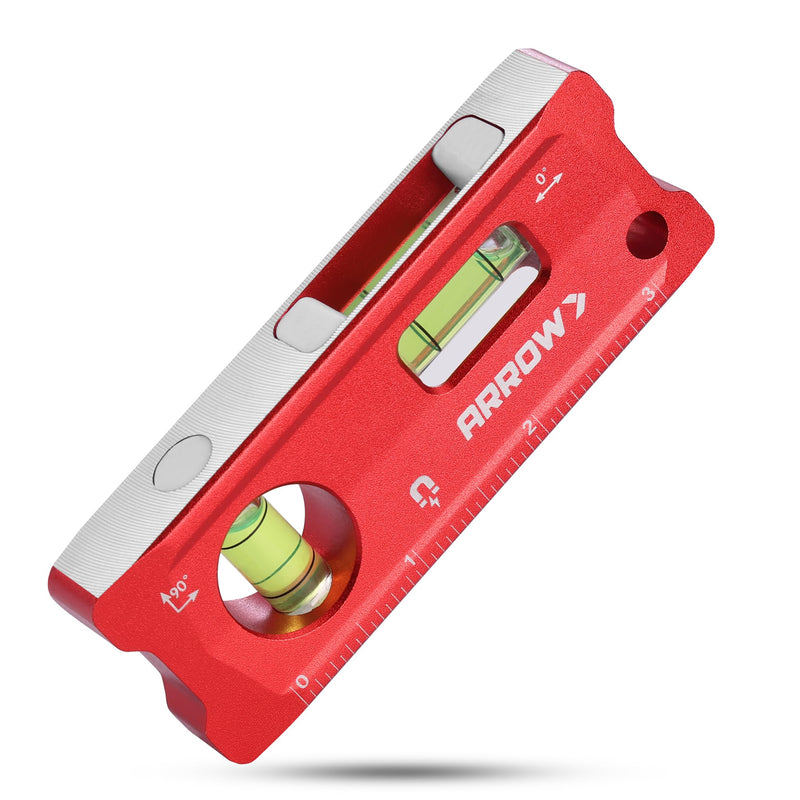 ARROW 4-Inch Torpedo Level, Small Magnetic Leveler Tool with 0°/90° Bubbles, Top-view Window, Aluminium Alloy Frame, Dual SAE and Metric Scales 4 inch