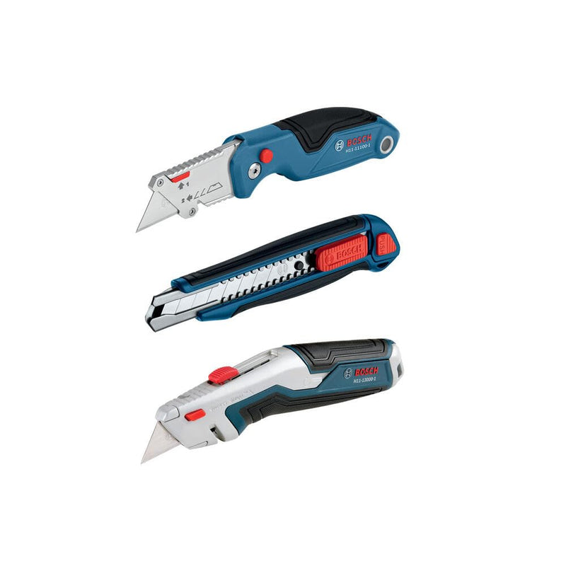 BOSCH H11-14200-1 3-Piece Utility Knife Set | Folding, Snap-Off, and Retractable Knives with Robust Design, Integrated Blade Storage - Includes 7 Blades Folding + Snap-Off + Utility 3 Count