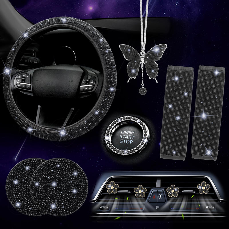 ARTILAURA 11 PCS Bling Car Accessories Set for Women Steering Wheel Covers Butterfly Hanging Seat Belt Cover Air Vent Clips Coasters Cute Glitter Diamond AUTO Accessories Kit (Black) Black