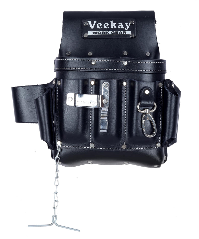 VEEKAY Electrician's Leather Tool Pouch – 10 Pocket Full Grain Leather Organizer for Electricians, Carpenters & Construction Workers – Durable, Heavy-Duty Utility Pouch (Brown/Black) Black