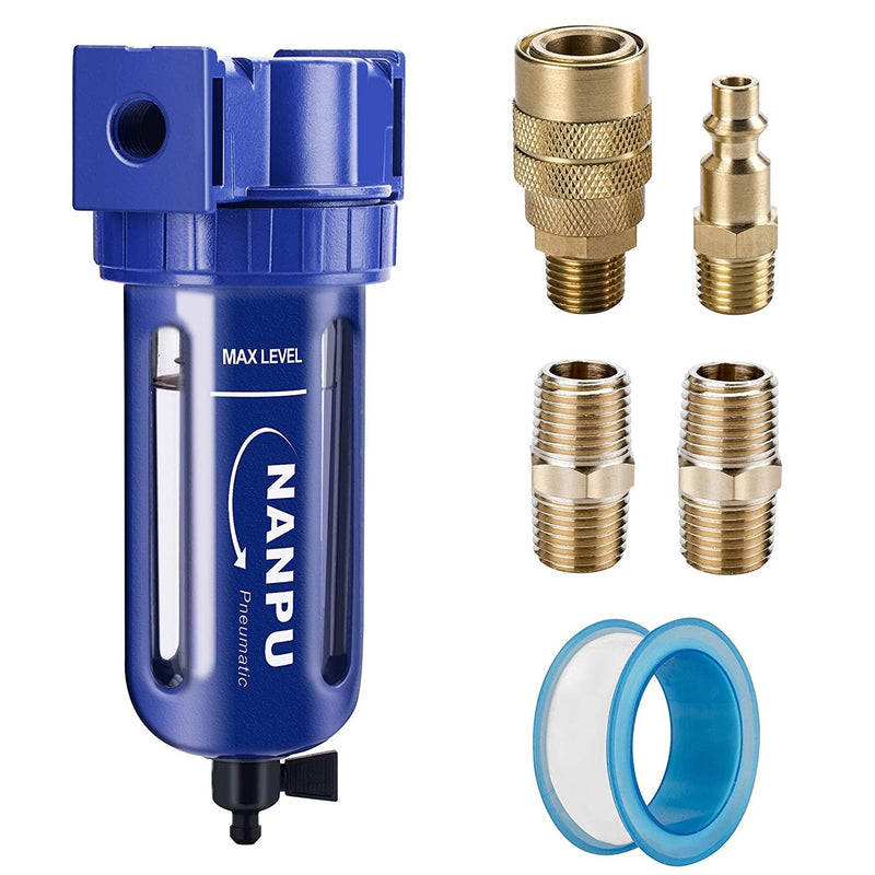 NANPU 1/4" NPT Compressed Air Filter, Zinc Alloy, 5 Micron Brass Element, Quick Release Bowl, Manual Drain, for Air Compressor ＆ Pneumatic Tools 1/4“ NPT