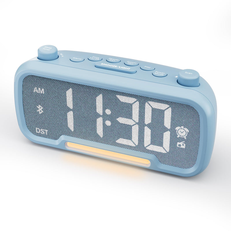 Mesqool Digital Alarm Clock with 2 USB Chargers,Bluetooth Speaker, FM Radio,Night Light,5-Level Dimmer,Adjustable Volume,12/24H,Snooze,Battery Backup,Loud Clock Radio for Heavy Sleepers Adults Blue