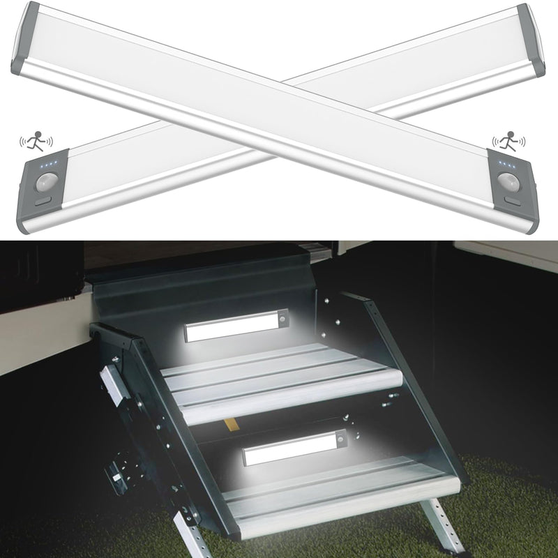 2PCS RV Lights Exterior Motion Sensor RV Step Light,46 LED Rv Light Camping Wireless USB Rechargeable Lighting,Camper Lights Adjustable 3 Colours with Battery Level Display for Under Cabinet,Step,Tent 46 LED White