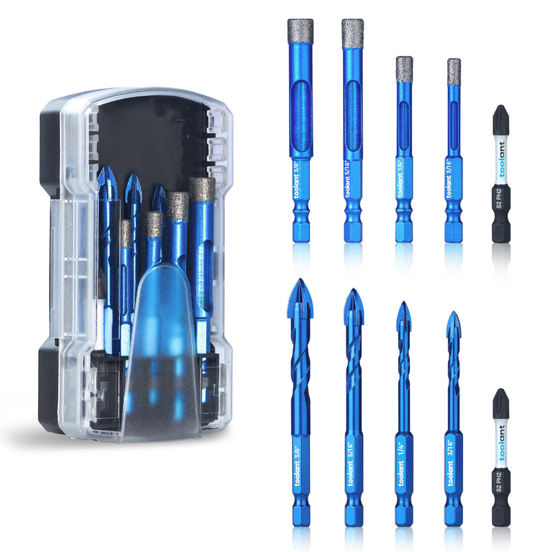 toolant Diamond Drill Bits Set 10PCS, Glass Drill Bits for Drilling Holes in Glass，Procelain,Ceramic and Tile, Tile Drill Bit with 1/4 Inch Quick Change Hex Shank,3/16"-3/8" Hex 3/16"-3/8"(10-PCS)