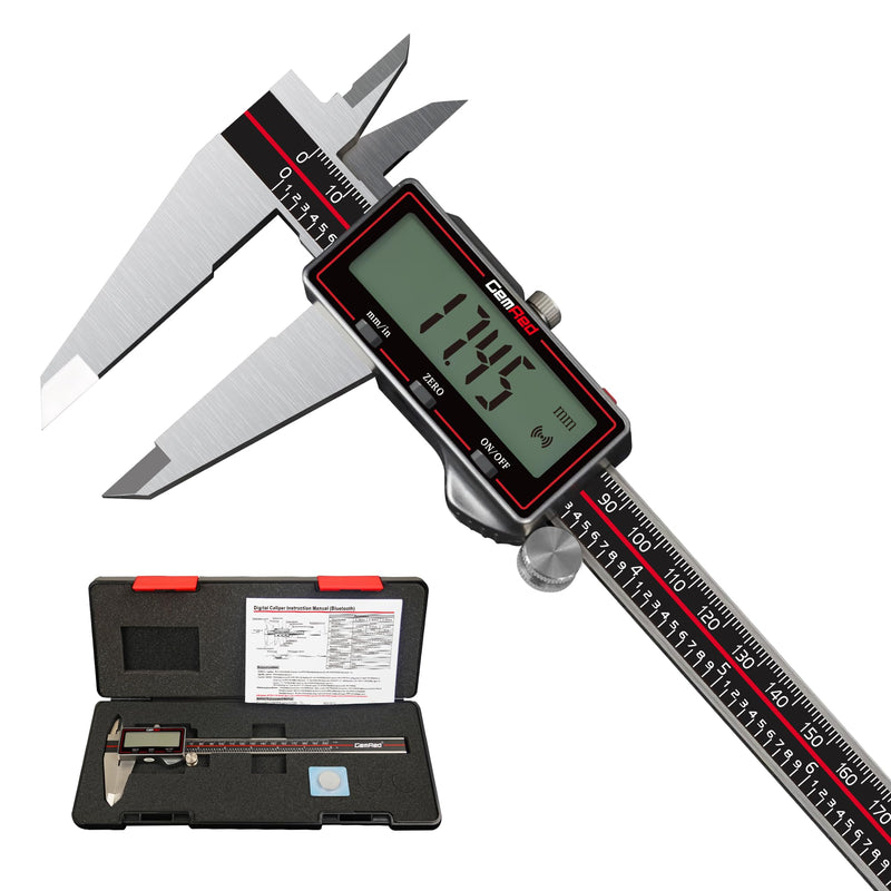 GemRed Wireless Digital Caliper 0-6 Inch/150mm with Data Transfer to Excel/Phone/PC, Stainless Steel Caliper Measuring Tool with Auto-Off, Large LCD Inch/MM for DIY/Household/3D-printing 6 Inch