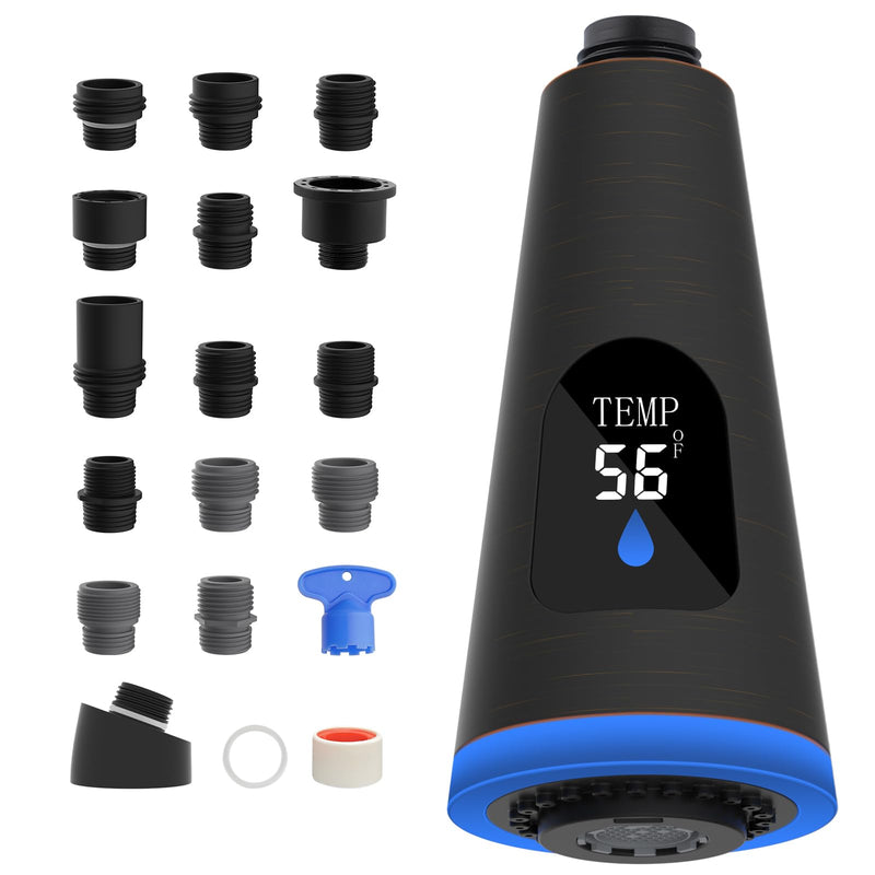 LED Kitchen Faucet Head, 4-Mode Spray, Temperature Display, Rubbed Bronze | Pull Down Kitchen Faucet Head with 15 Adapters Compatible with American Standard/Kohler/Moen/Delta, Sink Sprayer Head LED Design Oil Rubbed Bronze