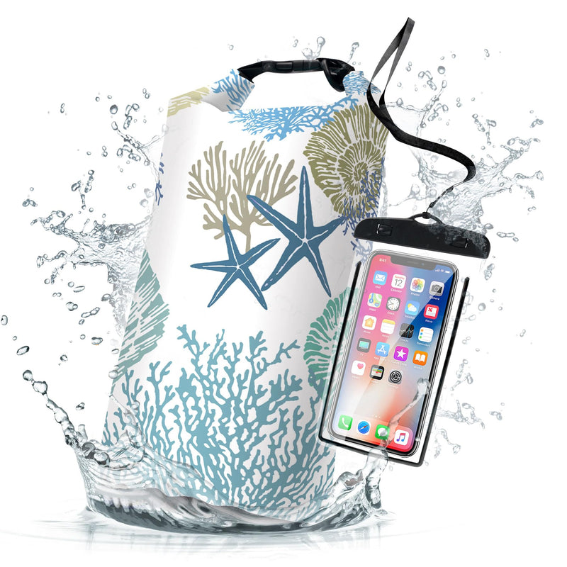 Waterproof Dry Bag,Roll Top Nautical Coastal Ocean Beach Seashell Starfish Waterproof Backpack 5L/10L/20L Floating Lightweight Bags for Kayaking, Boating, Swimming Camping with Waterproof Phone Case Beach Starfish 10L