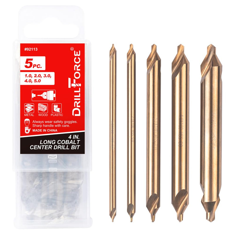 5PCS Cobalt Long Center Drill Bits Set, M35 High Speed Steel 60-Degree Angle 4" Overall Length Center Drill Bits Kit Countersink Tools for Lathe Metalworking Size 1.0 2.0 3.0 4.0 5.0 5PCS(1.0-5.0)