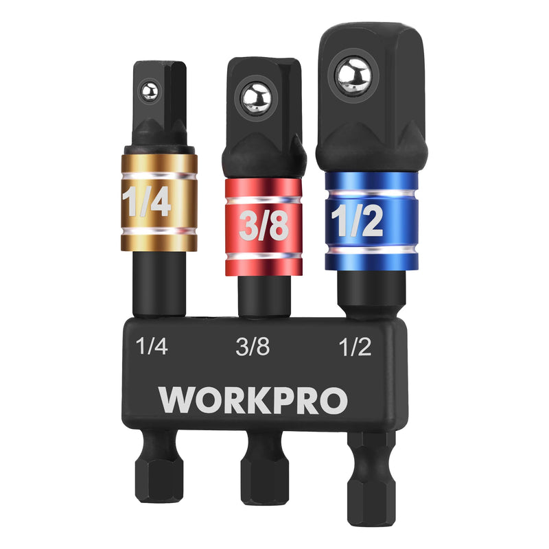 WORKPRO Impact Grade Socket Adapter Set, 1/4", 3/8", & 1/2" Drive, Extension Driver Bit With Holder, for Power Drill to High Torque Impact Wrench 3PCS