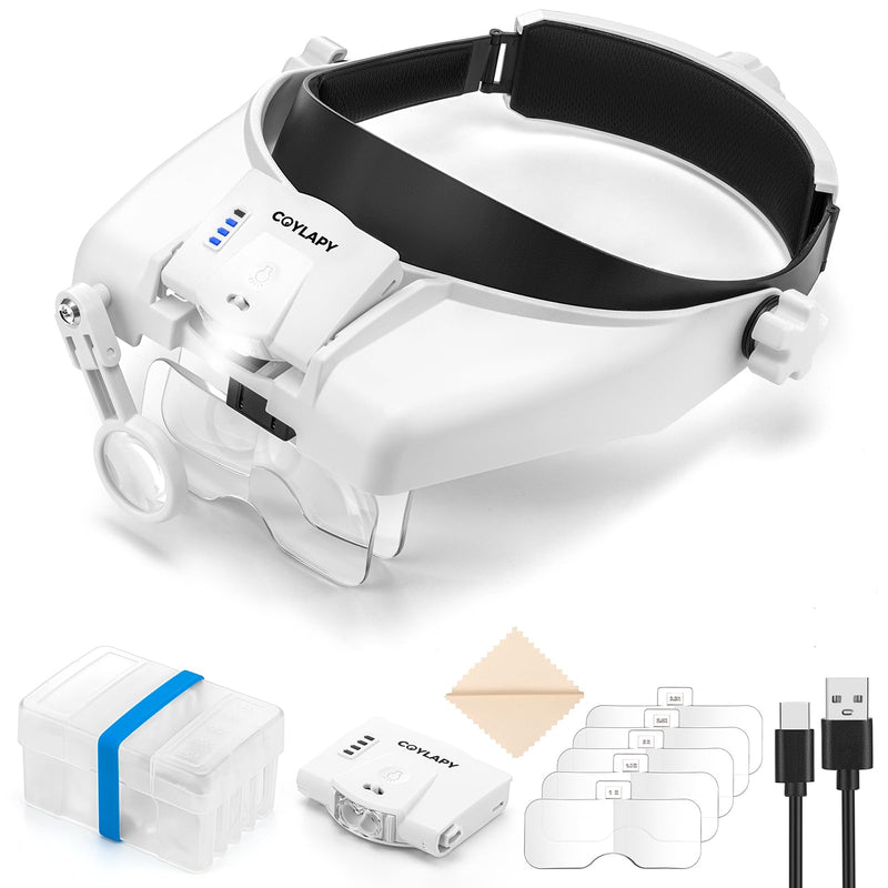 Magnifying Glasses with Light, Headband Magnifying Glasses for Close Work, 1x - 14x Hands-free Magnification Headset with 5 Lenses & Two Led Lamps, Jewelers Loupe Visor Head Magnifier for Hobby, Craft White
