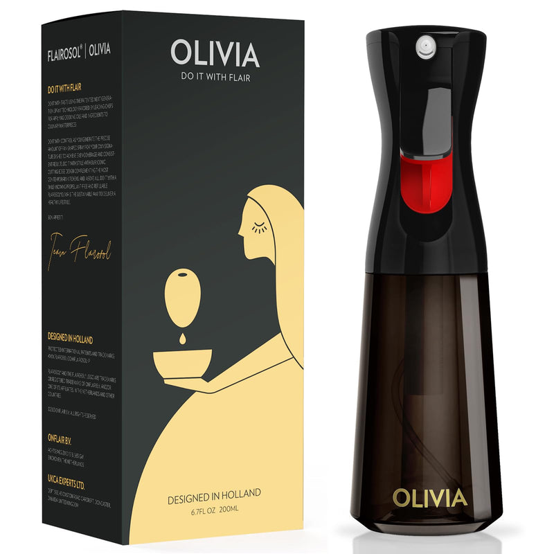 FLAIROSOL OLIVIA Oil Sprayer for Cooking, 200ml Glass Olive Oil Sprayer, Continuous Cooking Spray Dispenser with Portion Control for Kitchen, Air Fryer, Salad, BBQ (Black Bottle, Gold Print) 1 Pack Black
