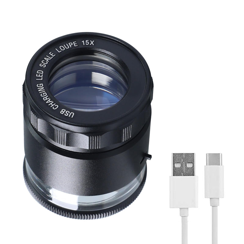 15X Jewelers Loupe with Light USB Rechargeable Metal Loupe Magnifier with Detachable Reticle Scale, 25mm Field of View, Adjustable Focus Eye Loupe Jewelry Magnifying Glass for Gems, Coins, Watches