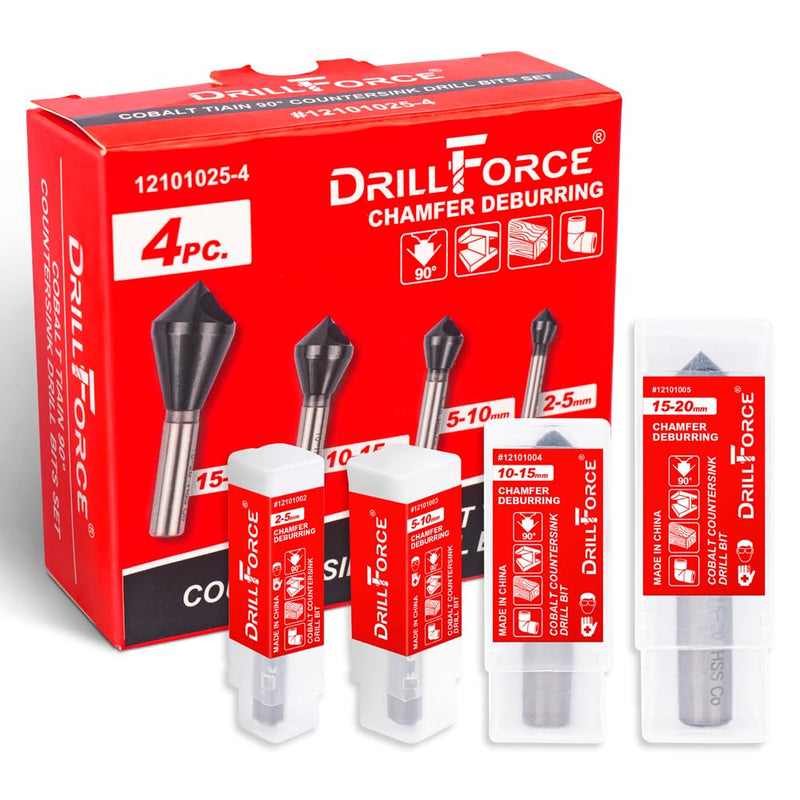 4PCS Cobalt Single End Countersink Drill Bits Set, TiAlN Coated 90 Degree Heavy Duty M35 Countersink Chamfer Tool for Metal, Stainless Steel, Copper, Wood, 2-5, 5-10, 10-15, 15-20MM 2-5MM, 5-10MM, 10-15MM, 15-20MM (4PCS)