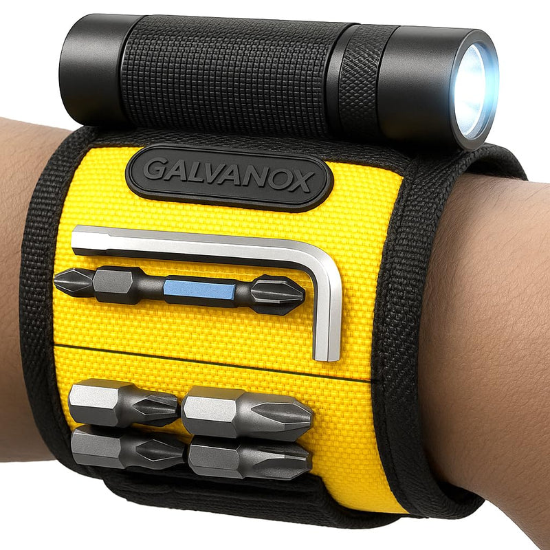 Galvanox Magnetic Wristband with Hands-Free Work Light (3-Mode) for Holding Screws Nails and Drill Bits, Durable Nylon with Powerful Magnets - Tool Gift for Men, Dad, Husband, Handyman (Yellow) Yellow