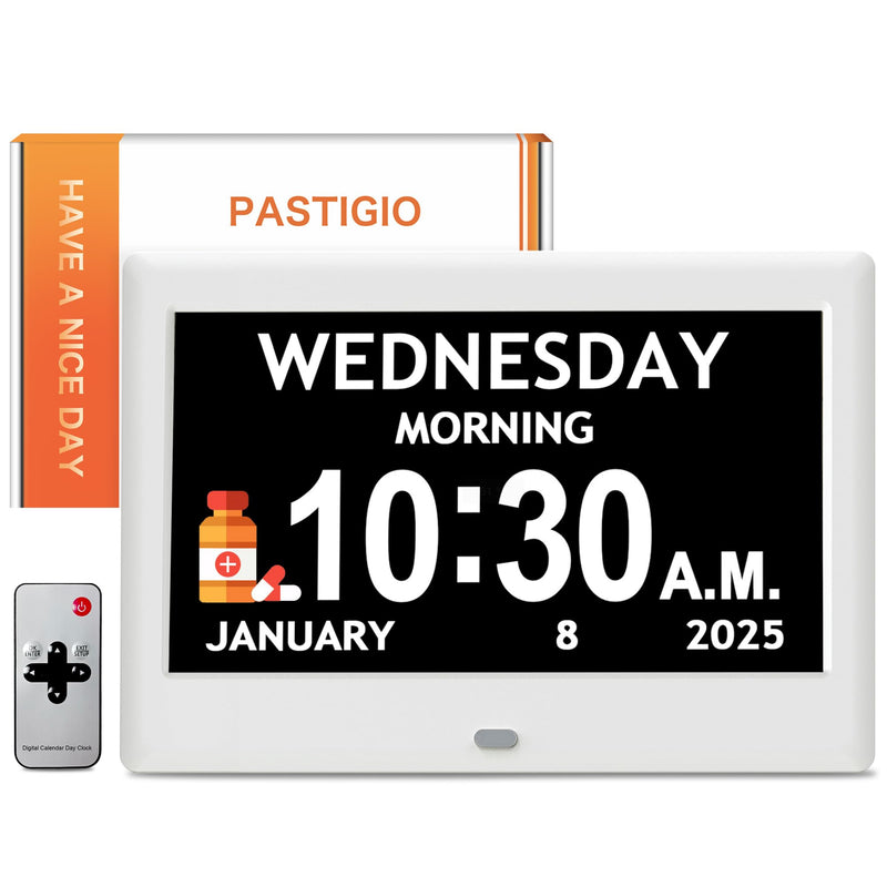 2025 NEW, Digital Clocks, 7'' Dementia Clock with Date and Time for Elderly, Auto-Dimming, 12 Reminders & 6 Alarms, Button & Remote Control, Auto DST, Digital Calendar for Seniors Large Display White