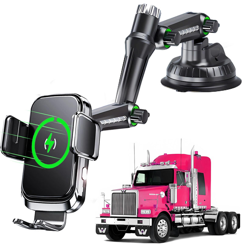 Wireless car Charger Phone Holder Mount for Truck,【10-inch Long arm 】 Pickup Truck Phone Holder Qi2 15W Fast Charging Heavy Duty Truck and Large SUV Windshield/Dashboard,for iPhone Samsung LG truck-charger