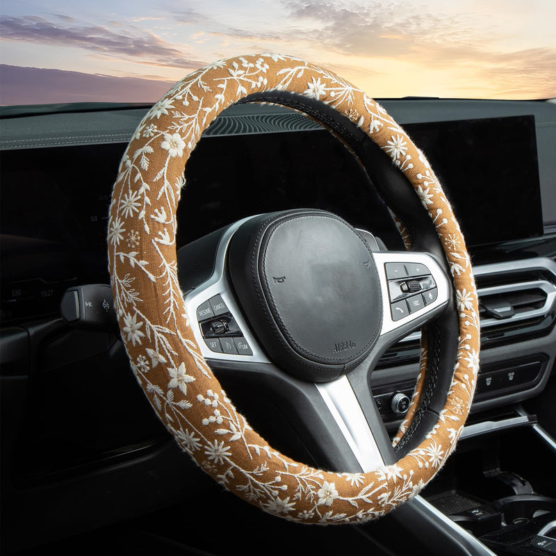 Brown Japanese Style Flower Steering Wheel Cover Auto Embroidery Steering Wheel Protector, Anti-Slip, Breathable, Absorbing Sweat, Universal Car Accessories 14.5–15 inch,Fit for Most Car, Trucks, SUV Brown Japanese Style Flower JQ 15 inch