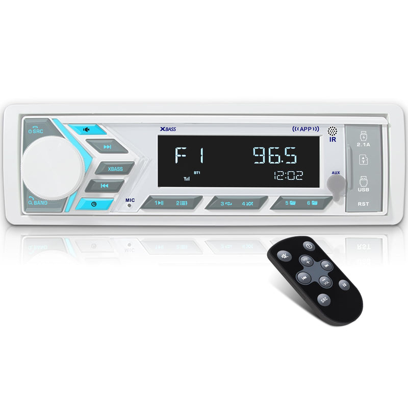 Single Din Marine Radio Bluetooth: Boat Stereo Receiver - Push to Talk Assistant Digital LCD Screen AM FM Tuner 4 Volts Preamp Outputs 2 Subwoofer Ports USB Charging Aux-in Remote Control White Single Din Marine Radio