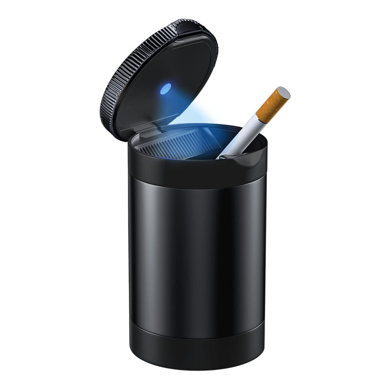 Ashtray with Lid Smell Proof,Smokeless Ashtray for Cup Holder,Cigar Ash Tray,Detachable Stainless Steel Car Ash Tray with LED Auto Light, for Most Car, Office, Home (Black)