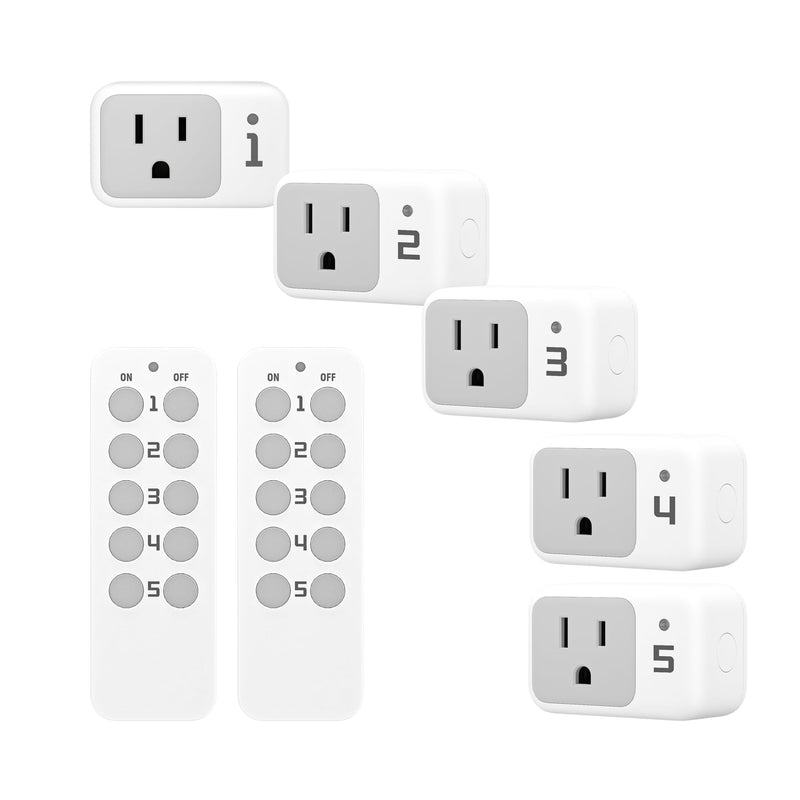 Wireless Remote Control Outlet, TESSAN Electrical Wall Plug with ON/Off Light Switch for Indoor String Lights, Lamps, Home Appliances, 100ft Range (2 Remotes + 5 Outlets) 2 Remote + 5 Outlet