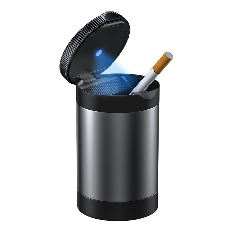 Ashtray with Lid,Smokeless Ashtray for Cup Holder Smell Proof,Detachable Stainless Steel Car Ash Tray with LED Auto Light, for Most Car, Office, Home (Grey)